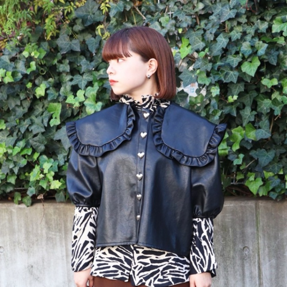 Sister Jane Wood Sage Black Faux Leather Ruffle Collar Heart Button Blouse NWOT